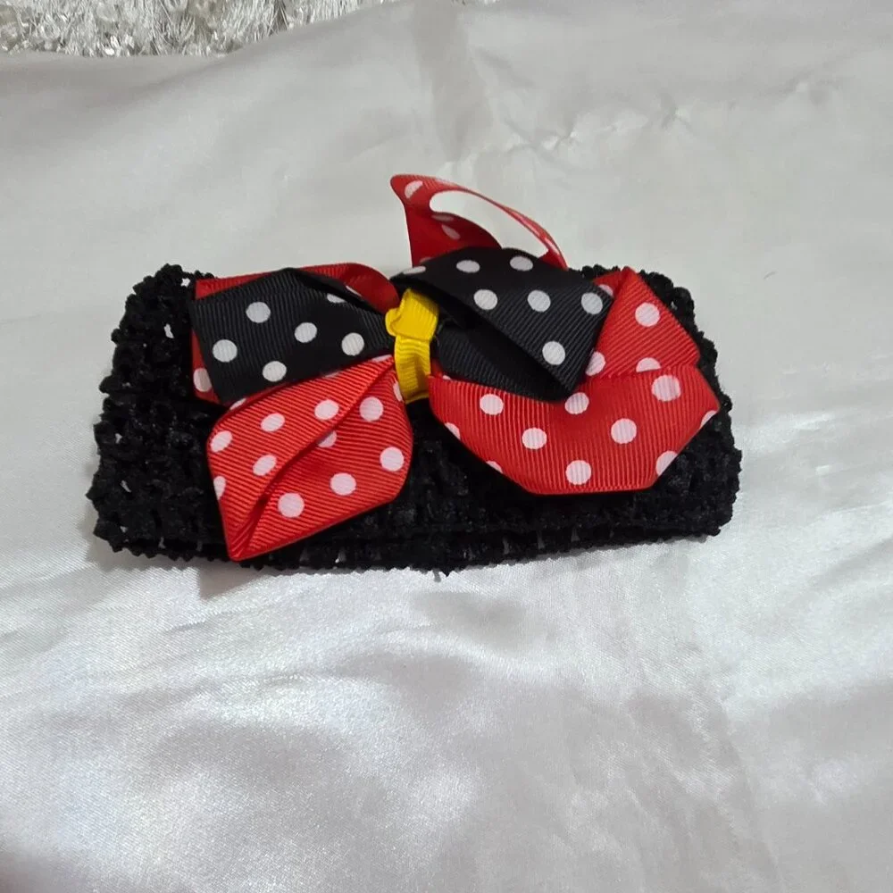 Girls Minnie Style Headbands  Red Black Polka Dot Bows Stretchy